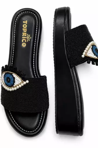 Black beaded faux leather platform slides for women