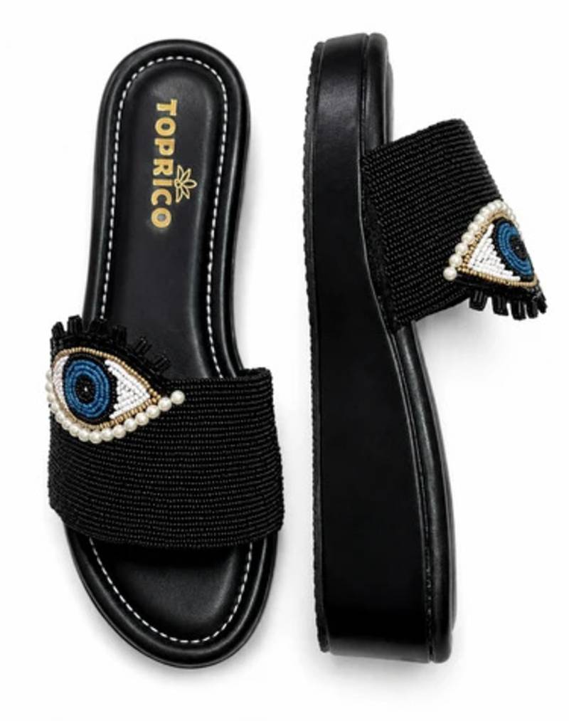 Black beaded faux leather platform slides for women