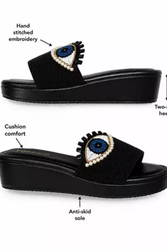 Black beaded faux leather platform slides for women