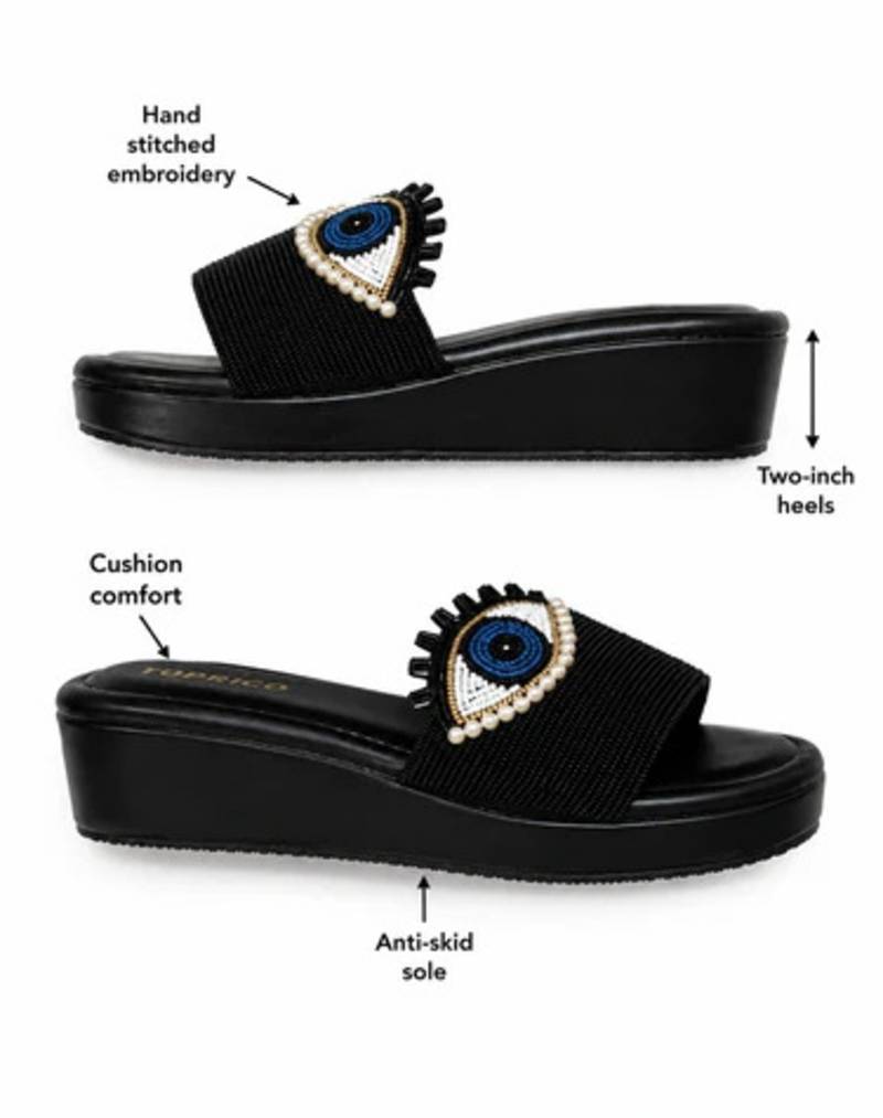 Black beaded faux leather platform slides for women