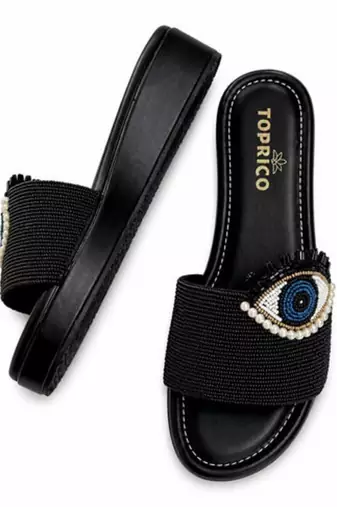 Black beaded faux leather platform slides for women