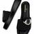 Black beaded faux leather platform slides for women