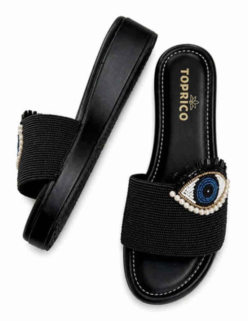 Black beaded faux leather platform slides for women