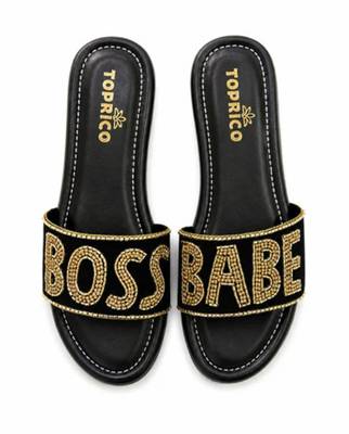 Black beaded faux leather platform flats for women 1