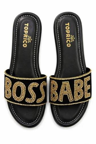 Black beaded faux leather platform flats for women