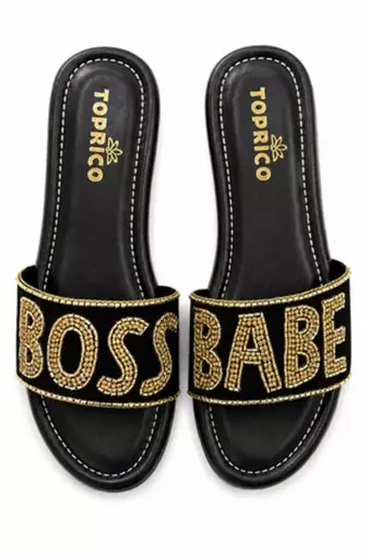Black beaded faux leather platform flats for women
