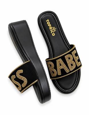 Black beaded faux leather platform flats for women 2