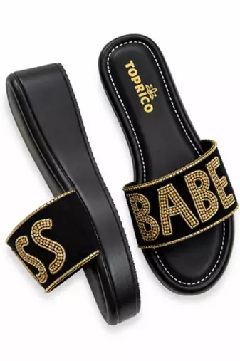 Black beaded faux leather platform flats for women