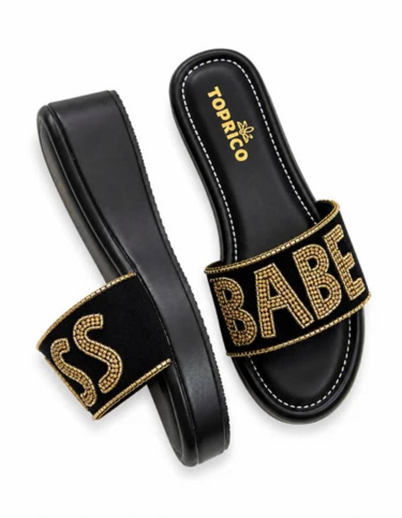 Black beaded faux leather platform flats for women