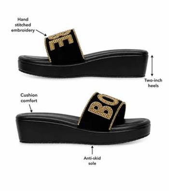 Black beaded faux leather platform flats for women 3