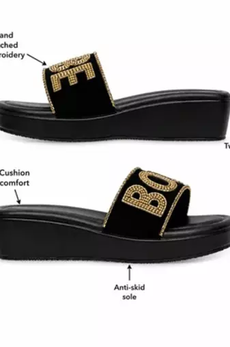 Black beaded faux leather platform flats for women