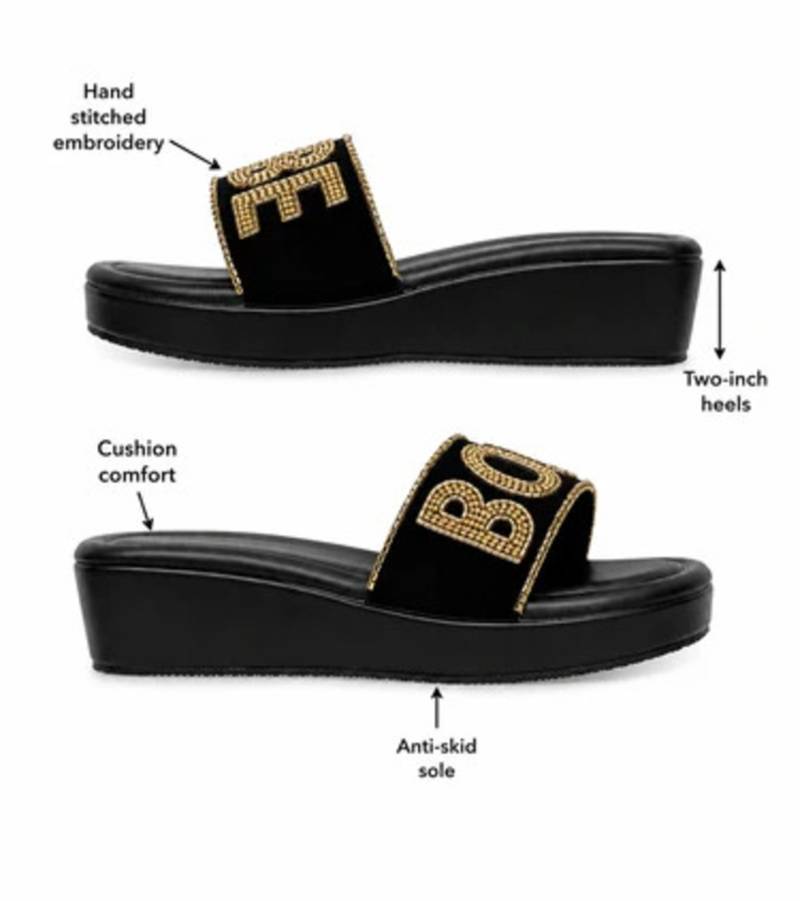 Black beaded faux leather platform flats for women