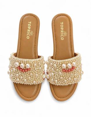 Tan pearl embellished faux leather platform heels for women 1