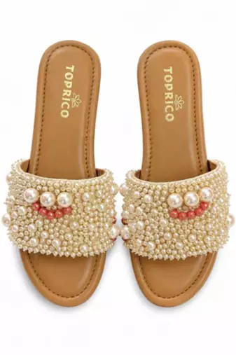 Tan pearl embellished faux leather platform heels for women