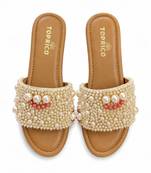 Tan pearl embellished faux leather platform heels for women