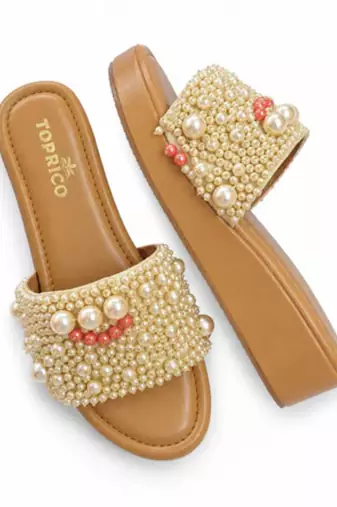Tan pearl embellished faux leather platform heels for women