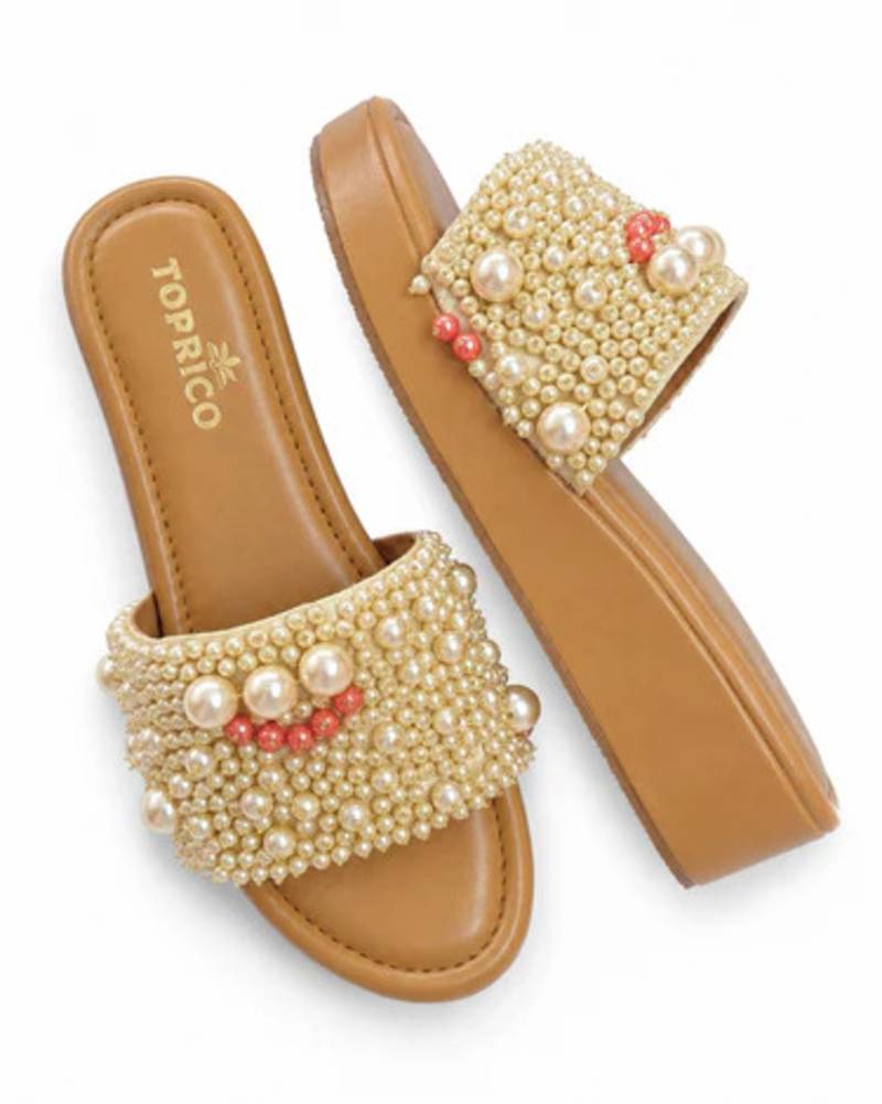 Tan pearl embellished faux leather platform heels for women