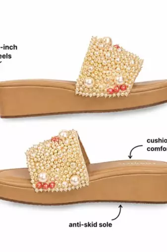 Tan pearl embellished faux leather platform heels for women