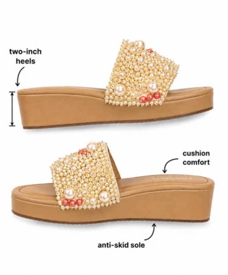 Tan pearl embellished faux leather platform heels for women