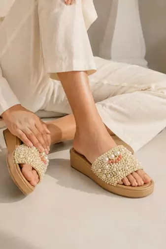 Tan pearl embellished faux leather platform heels for women