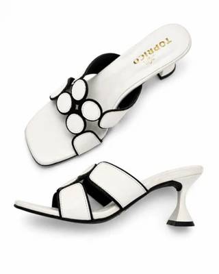 White geometric embellished faux leather flared heel sandals for women 1