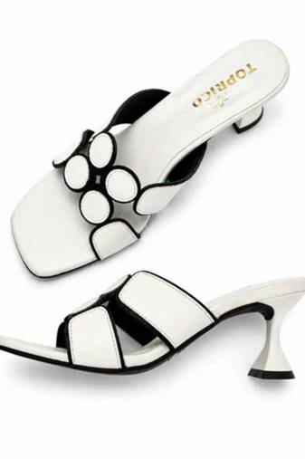 White geometric embellished faux leather flared heel sandals for women