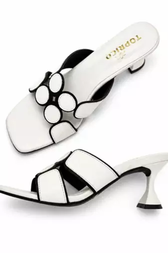 White geometric embellished faux leather flared heel sandals for women