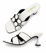 White geometric embellished faux leather flared heel sandals for women