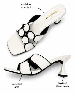 White geometric embellished faux leather flared heel sandals for women 2