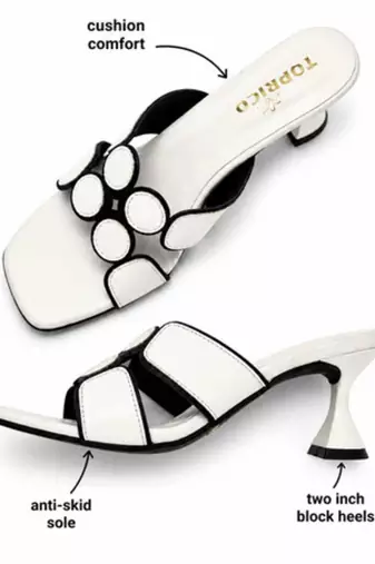 White geometric embellished faux leather flared heel sandals for women