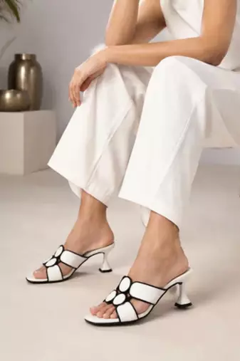 White geometric embellished faux leather flared heel sandals for women