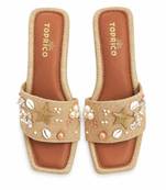 Tan shell embellished faux leather jute block heels for women