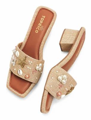 Tan shell embellished faux leather jute block heels for women 2