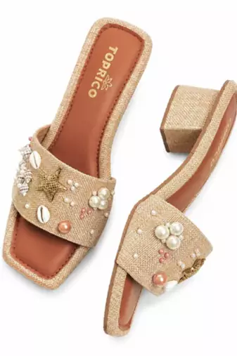Tan shell embellished faux leather jute block heels for women