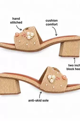 Tan shell embellished faux leather jute block heels for women