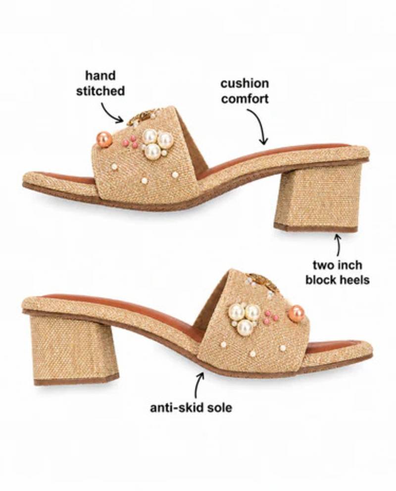 Tan shell embellished faux leather jute block heels for women