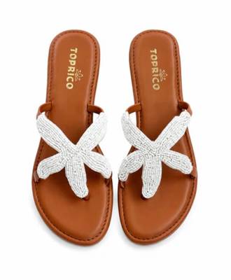 Tan starfish embellished faux leather platform slides for women 1