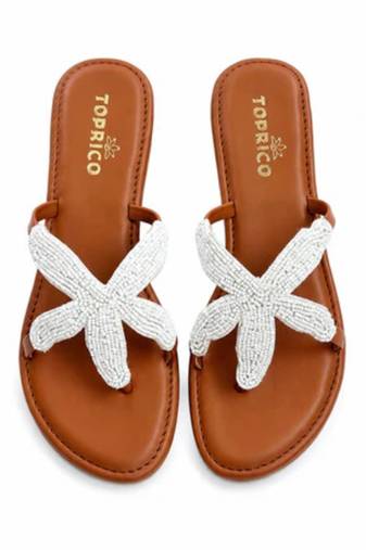 Tan starfish embellished faux leather platform slides for women