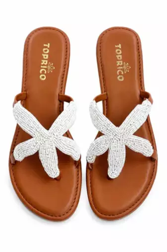 Tan starfish embellished faux leather platform slides for women