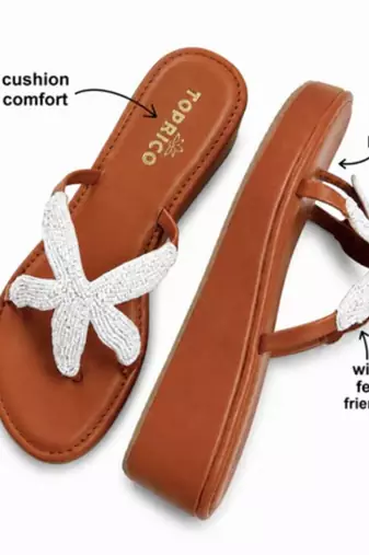 Tan starfish embellished faux leather platform slides for women