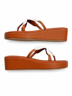 Tan starfish embellished faux leather platform slides for women 3