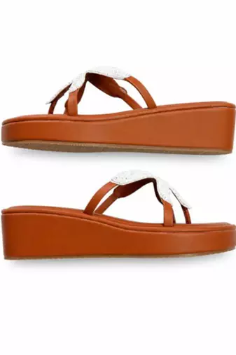 Tan starfish embellished faux leather platform slides for women