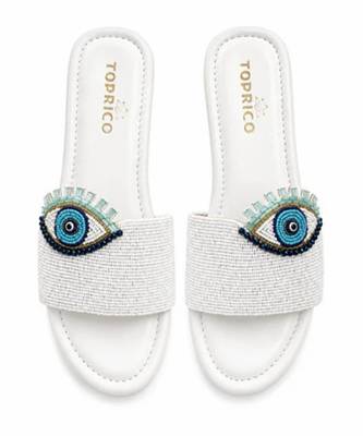 White beaded faux leather platform slides for women 1