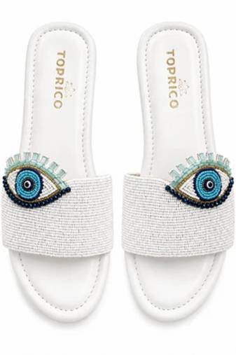 White beaded faux leather platform slides for women