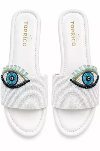 White beaded faux leather platform slides for women