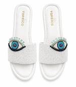 White beaded faux leather platform slides for women