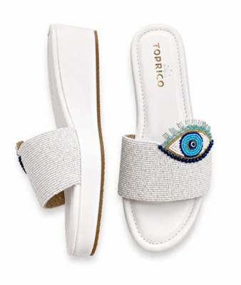 White beaded faux leather platform slides for women 2
