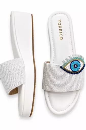 White beaded faux leather platform slides for women