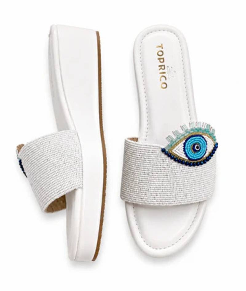 White beaded faux leather platform slides for women