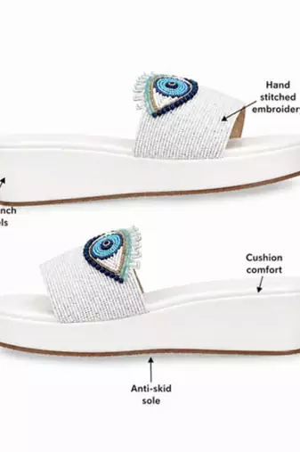 White beaded faux leather platform slides for women
